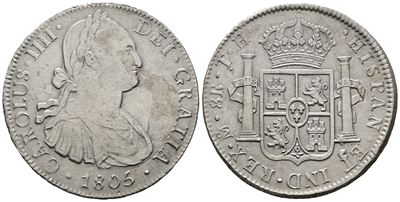 Messico. Citta' del Messico. Carlo IV. 8 Reales 1805. Ag 25,83gr. Km# 109