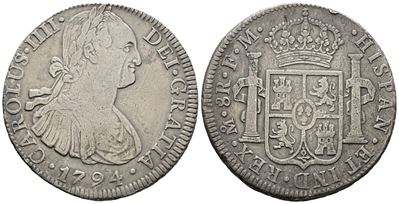 Messico. Citta' del Messico. Carlo IV. 8 Reales 1794. Ag 25,59gr. Km# 109
