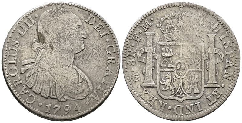 Messico. Citta' del Messico. Carlo IV. 8 Reales 1794. Ag 25,59gr. Km# 109