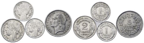 ESTERE - FRANCIA. Lotto di n. 4 monete: 5 francs 1949, 2 francs 1945, franc 194...