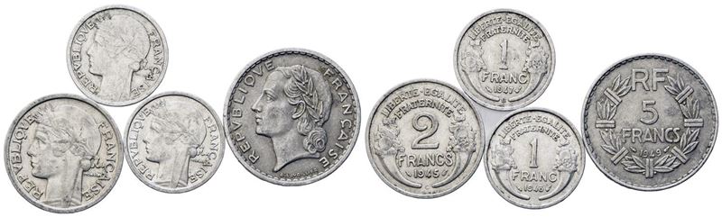 Francia, IV Repubblica. Lotto di quattro monete: 5 franchi 1949, 2 franchi 1945, 1 franco 1943, 1...