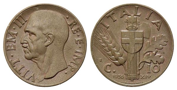 REGNO D'ITALIA. Vittorio Emanuele III (1900-1943). 10 centesimi 1936. Cu. SPL+...