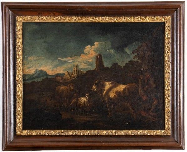 CERCHIA DI PETER ROOS, DETTO ROSA DA TIVOLI (Francoforte sul Meno, 1655 - Tivoli, 1706) - Paesaggio con pastori e armenti...
