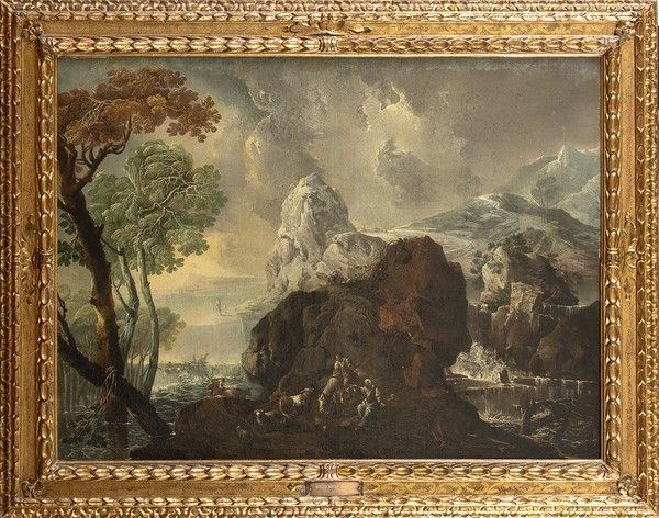 GIULIO BUCCI (Faenza, 1711 - 1776), ATTRIBUITO - Paesaggio fantastico con pastori e armenti...