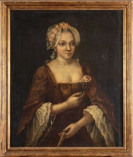 Gentildonna con rosa...  - Asta Dipinti, disegni e sculture dal XV al XIX secolo. - Bertolami Fine Art - Casa d'Aste
