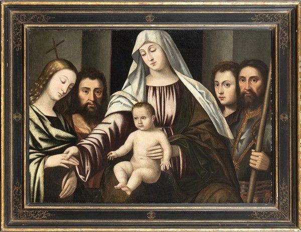 SCUOLA VENETA, PRIMA META' DEL XVI SECOLO - Madonna con Bambino e Santa Caterina, San Giovanni Battista e due santi...