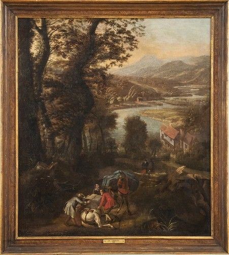 JAN SIBERECHTS (Anversa, 1627 - Londra, 1703) - Paesaggio con mercanti che trasportano le merci su cavalli...