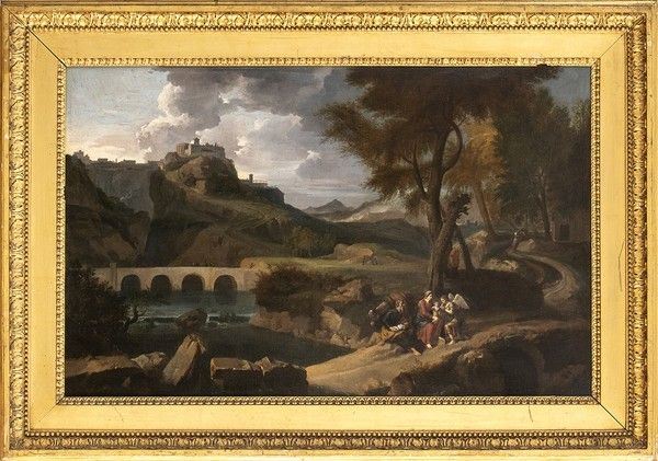 Nicolas Poussin - Paesaggio con riposo durante la fuga in Egitto e veduta di Tivoli sullo sfondo...