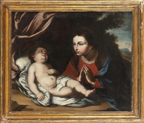 Vergine in adorazione e Bambino...  - Auction Dipinti, disegni e sculture dal XV al XIX secolo. - Bertolami Fine Art - Casa d'Aste