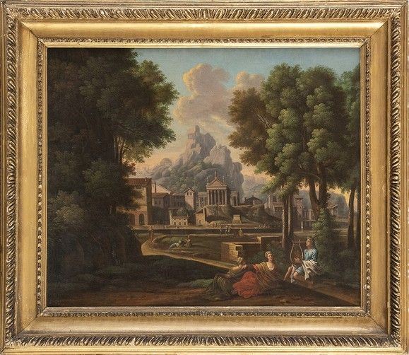 Paesaggio classico con Apollo, due muse e architetture sullo sfondo...