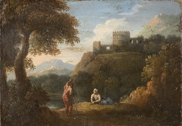 JAN FRANS VAN BLOEMEN (Anversa,  1662 - Roma, 1749), ATTRIBUITO - Paesaggio con due figure e resti di una fortificazione sullo sfondo...