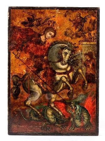 Icona raffigurante San Giorgio e il drago - XIX secolo...  - Auction GIOIELLI, OROLOGI, ARGENTI, ANTICHI AVORI, ICONE E ALTRI OGGETTI D’ARTE E DA COLLEZIONE Tra i gioielli, un lascito ereditario posto all’incanto in favore dell’Istituto Sant’Antonio di Padova Basilica del Santo. - Bertolami Fine Art - Casa d'Aste