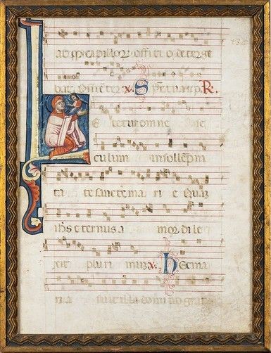 MINIATORE CENTRO-ITALIANO, XIV SECOLO - Antifonario con lettera iniziale "L" miniata. All'interno: Madonna con Bambino...