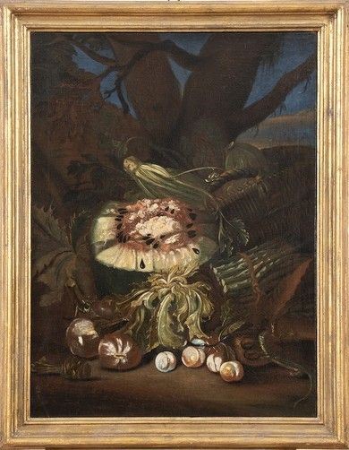 Scuola napoletana, prima met&#224; XVII secolo - Natura morta en plein air con anguria, asparagi e ramarro...