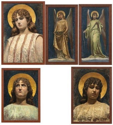 ARTISTA ITALIANO, INIZIO XX SECOLO - Serie di cinque figure angeliche, probabilmente studio per la decorazione pitto...
