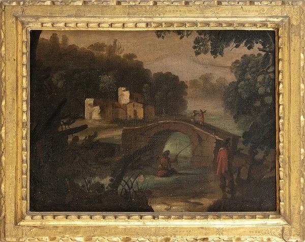 Paesaggio con ponte e pescatore...  - Asta Dipinti, disegni e sculture dal XV al XIX secolo. - Bertolami Fine Art - Casa d'Aste