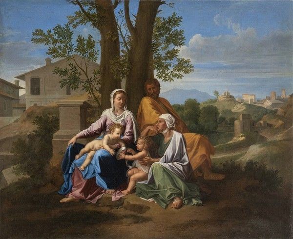 Nicolas Poussin - Paesaggio con Sacra Famiglia con Santa Elisabetta e San Giovannino...
