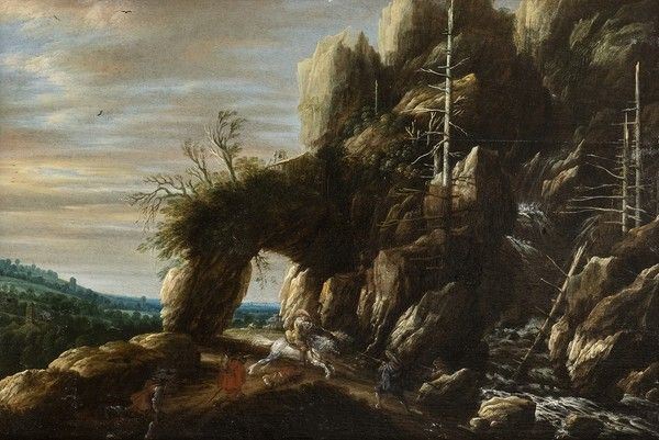 Paesaggio con arco roccioso e scena di brigantaggio...