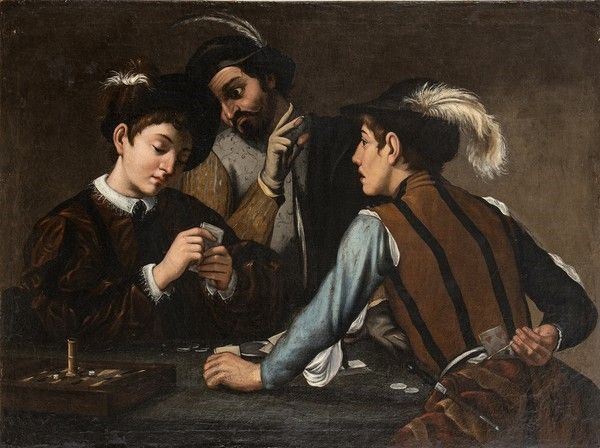 PITTORE CARAVAGGESCO, PRIMA META' DEL XVII SECOLO : I bari...  - Auction Dipinti, disegni e sculture dal XV al XIX secolo. - Bertolami Fine Art - Casa d'Aste