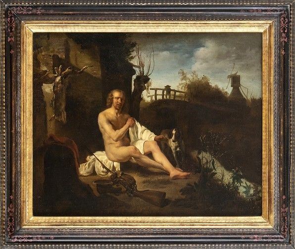BOTTEGA DI GABRIEL METSU (Leida, 1629 - Amsterdam, 1667) - Cacciatore che si riveste dopo un bagno in un torrente...