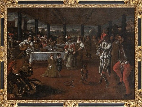 DIRK DE VRIES (Friesland, 1550 circa - Venezia, 1612) , ATTRIBUITO - Scena carnevalesca con maschere della commedia dell'arte...
