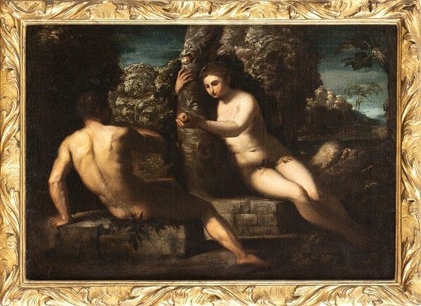 CERCHIA DI JACOPO TINTORETTO (Venezia, 1518 - 1594) - La tentazione di Adamo ed Eva...