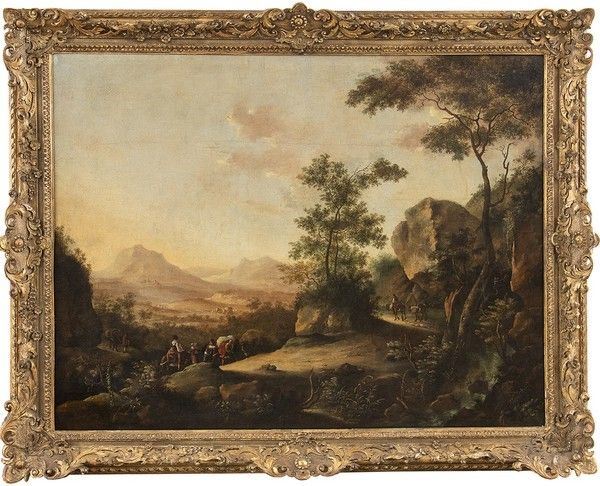 JAN FRANS (E PIETER?) VAN BLOEMEN, DETTO L'ORIZZONTE (Anversa, 1662 - Roma, 1749) - Paesaggio estensivo con viandanti che attraversano un bosco e colline sullo sfo...