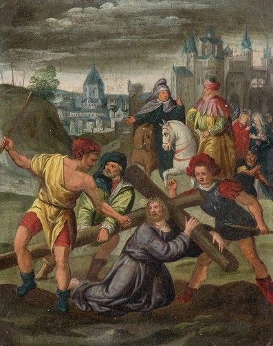 AMBITO DI FRANS FRANCKEN III (Anversa, 1607 - 1667) - Salita di Cristo al Calvario...