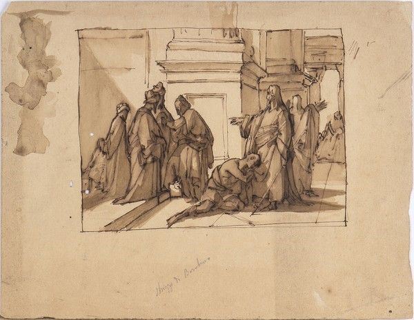 NICOLO' BARABINO (Sampierdarena, 1832 - Firenze, 1891), ATTRIBUITO - Studio per una Cacciata dei mercanti dal Tempio (?)...