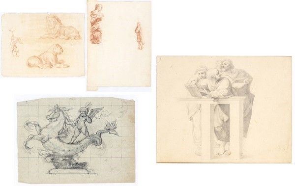 A. ANONIMO, XIX SECOLO
B. ANONIMO, XIX SECOLO
C. ANONIMO, XIX SECOLO
D. ANONIMO, XIX SECOLO - Gruppo di quattro disegni.
A. Studio quadrettato di putto su ippocampo
B.  Disp...