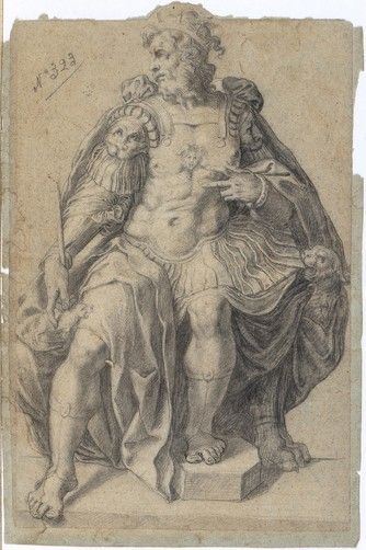 Figura di sovrano in armatura assiso in trono...
