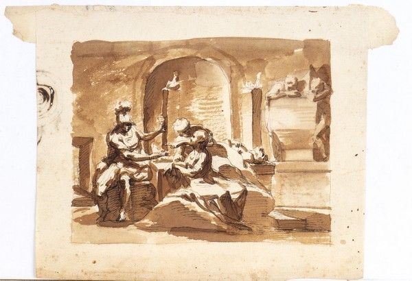 Scuola romana, fine XVIII secolo - Studio per una scena classica raffigurante un condottiero adagiato su un sepolc...
