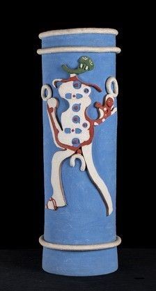 ROBERTO SEBASTI&#193;N MATTA - BOTTEGA GATTI FAENZA - Cachepot portaombrelli celeste con decorazioni bianche, rosse e verdi...