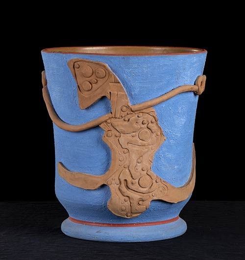 ROBERTO SEBASTI&#193;N MATTA - BOTTEGA GATTI FAENZA - Cachepot portaombrelli blu con decorazioni color coccio...