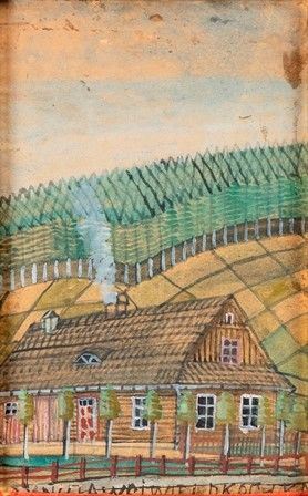 NIKIFOR KRYNICKI (Krynica-Zdr&#243;j, 1895 - Folusz, 1968) : Casa e collina...  - Asta MARIA PIA E AMINTORE FANFANI - Bertolami Fine Art - Casa d'Aste