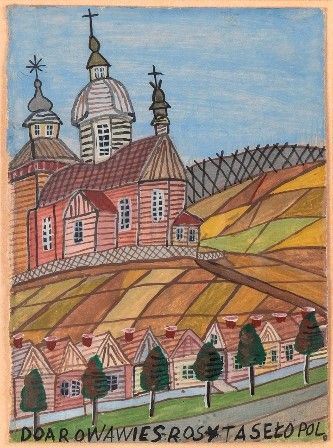 NIKIFOR KRYNICKI (Krynica-Zdr&#243;j, 1895 - Folusz, 1968) - Chiesa con collina...