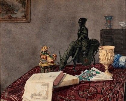 Natura morta con libro e scultura cinese...  - Asta MARIA PIA E AMINTORE FANFANI - Bertolami Fine Art - Casa d'Aste