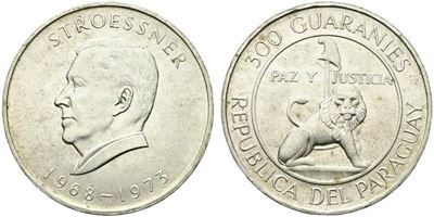 Paraguay. 300 Guaranies 1973 Presidente Stroessner. Ag (26,41 G). Km#29. Qfdc