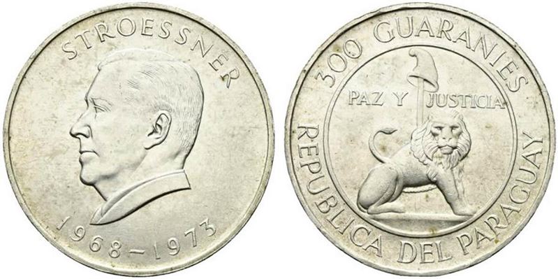 Paraguay. 300 Guaranies 1973 Presidente Stroessner. Ag (26,41 G). Km#29. Qfdc