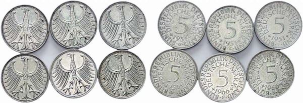 ESTERE - GERMANIA. Lotto di n. 6 monete da 5 marchi in Ag 1951 (4) e 1966 (2). ...