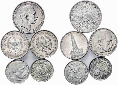 Estere - Germania. Lotto di N. 5 Monete in Ag: 3 Mark 1909, 5 Mark 1935, 1936,