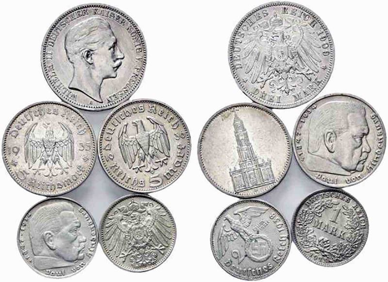 Estere - Germania. Lotto di N. 5 Monete in Ag: 3 Mark 1909, 5 Mark 1935, 1936,