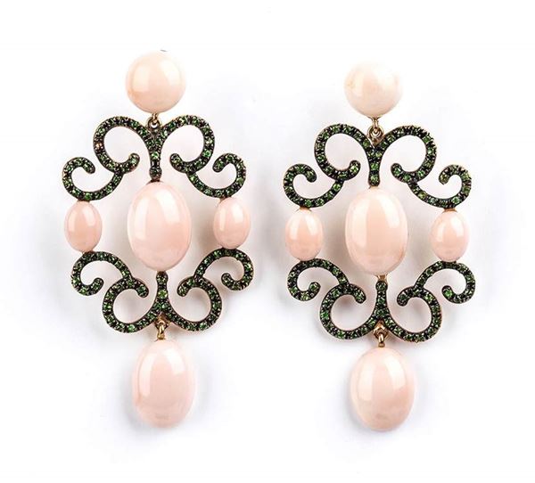 Gold, pink coral and tsavorite earrings...