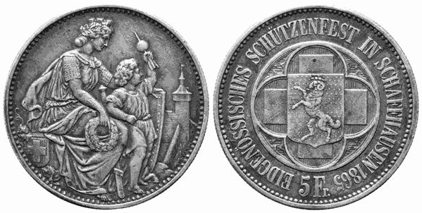 SVIZZERA. 5 franchi tiri federali di Sciaffusa 1865. Ag (24,98 g). R. BB/qSPL....  - Asta Monete e medaglie moderne Italiane ed Estere - Bertolami Fine Art - Casa d'Aste