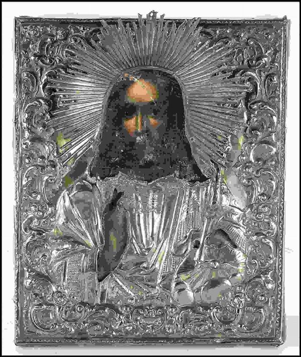 Icona russa con riza in argento raffigurante Cristo  Pantocratore - San Pietrob...