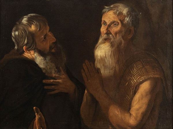 Artista attivo a Roma, XVII secolo - Coppia di santi eremiti, l'incontro Sant'Antonio Abate e San Paolo Eremita...