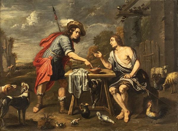 CORNELIS DE WAEL (Anversa, 15925 - Roma, 1667) - Esaù vende a Giacobbe la primogenitura per un piatto di lenticchie...