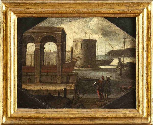 AGOSTINO TASSI (Ponzano Romano, 1580 - Roma, 1644) - Scena costiera con edifici, imbarcazioni e figure ...