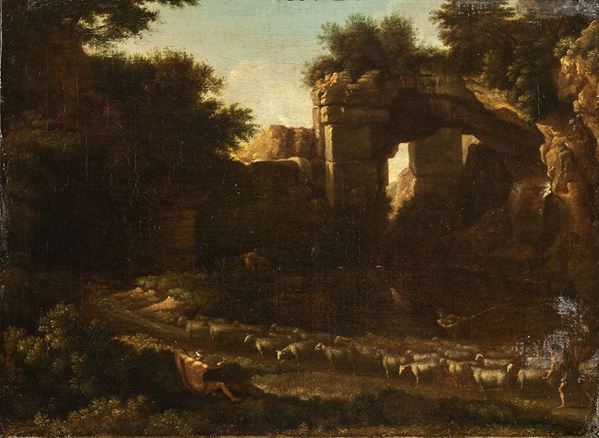 Gaspard Dughet - Paesaggio con pastore,  gregge e arco in rovina sullo sfondo...