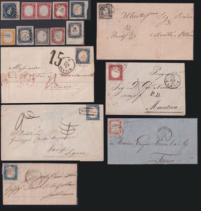 Sardegna, insieme di documenti postali e francobolli (1855)